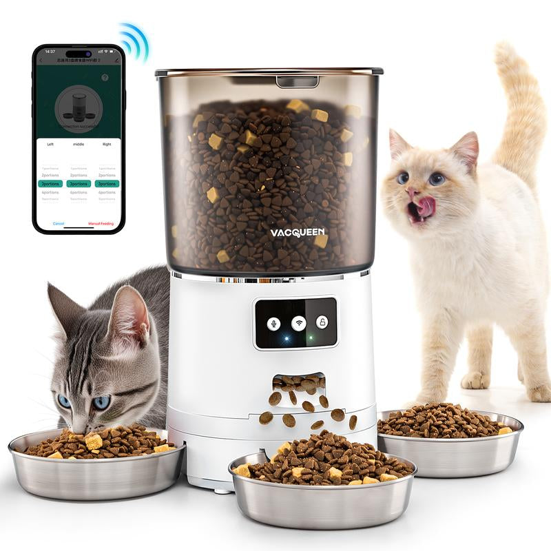 Vacqueen Smart Automatic Cat Feeder for 3 Cats, Strong Anti-Jam System, Dual-Effect Desiccant Cat Food Dispenser, 6L Pet Feeder with 10S Voice Recorder for Cats and Small Dog