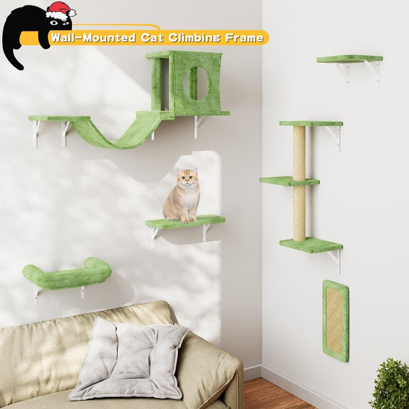 [Dealsforyoudays]Springtok-Cat Wall Shelves, 6 Pcs Luxury Wall-Mounted Cat Climber Set, Indoor Cat Furniture with 1 Cat Condos House, 2 Cat Wall Shelves, 1 Cat Scratching Post, 1 Cat Bridge Ladder