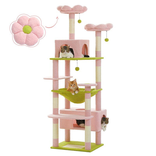 PAWZ Road Large 72 Inches Flower/Cactus Cat Tree and Tower for Indoor Cats - with Sisal-Covered Scratching Posts, Padded Perches, Condos, and Basket（Gray/Dark Gray/Beige）