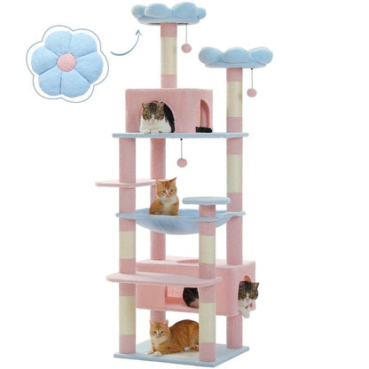 PAWZ Road Large 72 Inches Flower/Cactus Cat Tree and Tower for Indoor Cats - with Sisal-Covered Scratching Posts, Padded Perches, Condos, and Basket（Gray/Dark Gray/Beige）