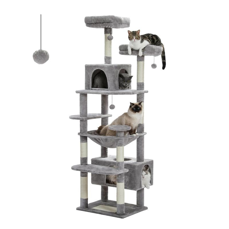 PAWZ Road Large 72 Inches Flower/Cactus Cat Tree and Tower for Indoor Cats - with Sisal-Covered Scratching Posts, Padded Perches, Condos, and Basket（Gray/Dark Gray/Beige）