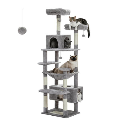 PAWZ Road Large 72 Inches Flower/Cactus Cat Tree and Tower for Indoor Cats - with Sisal-Covered Scratching Posts, Padded Perches, Condos, and Basket（Gray/Dark Gray/Beige）