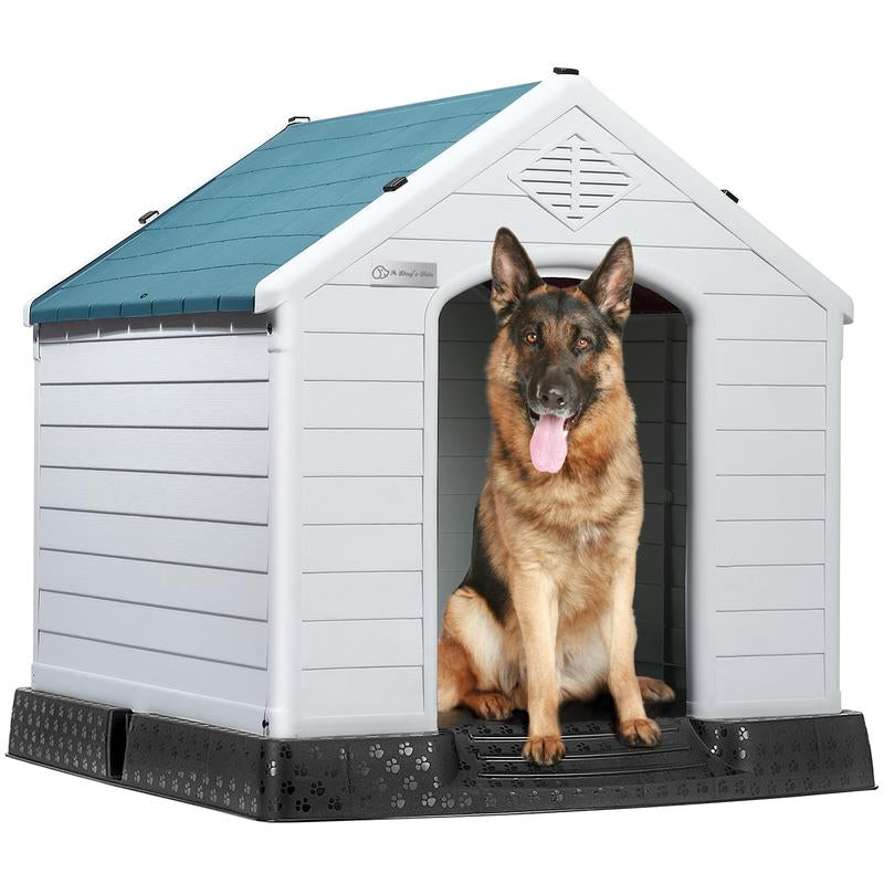 LEMBERI Durable Waterproof Plastic Dog House for Small to Large Sized Dogs, Indoor Outdoor Doghouse Puppy Shelter with Elevated Floor, Easy to Assemble