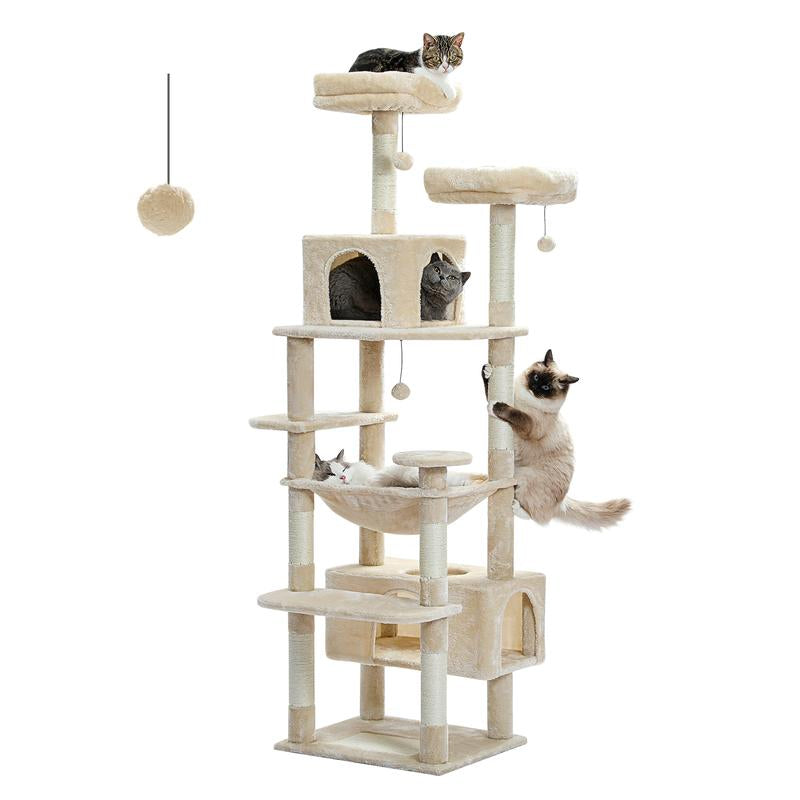 PAWZ Road Large 72 Inches Flower/Cactus Cat Tree and Tower for Indoor Cats - with Sisal-Covered Scratching Posts, Padded Perches, Condos, and Basket（Gray/Dark Gray/Beige）
