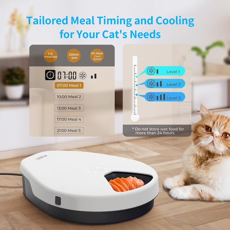 Ubpet F10 Refrigerated Automatic Cat Feeder Wet Food, Wired Auto Cat Dog Food Dispenser for Dry & Wet Food, 5 Meal Timed All-Day Freshness, Semiconductor Cooling, 3 Cooling Modes, Pet Feeder Dish Supplies for Cats & Small Dogs, Gift for Pets