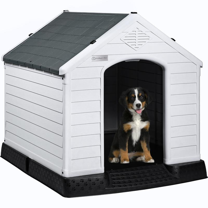 LEMBERI Durable Waterproof Plastic Dog House for Small to Large Sized Dogs, Indoor Outdoor Doghouse Puppy Shelter with Elevated Floor, Easy to Assemble