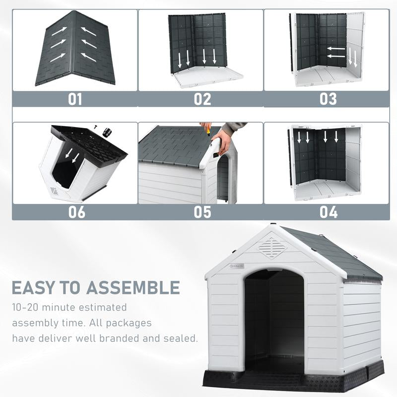 LEMBERI Durable Waterproof Plastic Dog House for Small to Large Sized Dogs, Indoor Outdoor Doghouse Puppy Shelter with Elevated Floor, Easy to Assemble