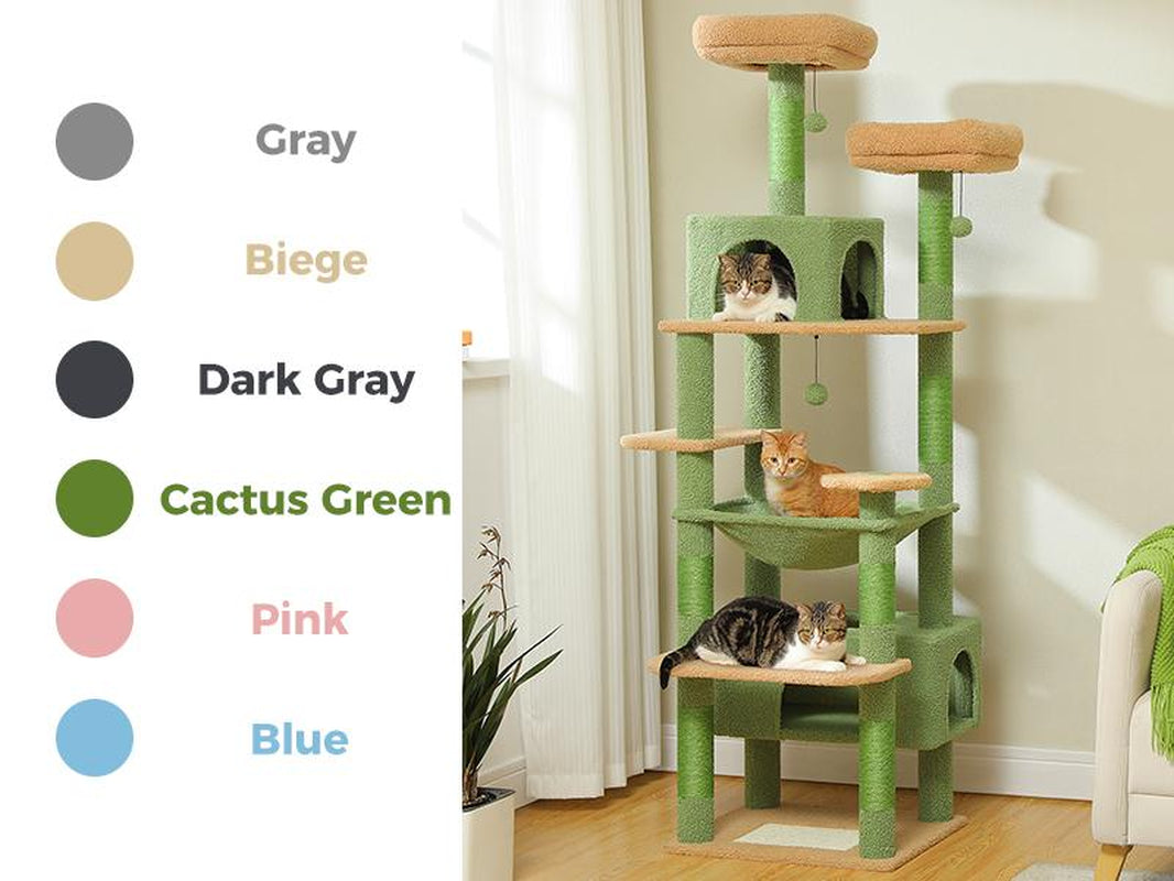 PAWZ Road Large 72 Inches Flower/Cactus Cat Tree and Tower for Indoor Cats - with Sisal-Covered Scratching Posts, Padded Perches, Condos, and Basket（Gray/Dark Gray/Beige）