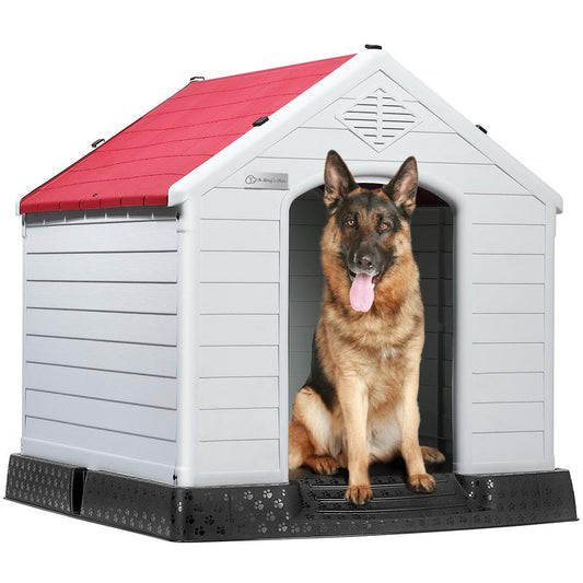LEMBERI Durable Waterproof Plastic Dog House for Small to Large Sized Dogs, Indoor Outdoor Doghouse Puppy Shelter with Elevated Floor, Easy to Assemble