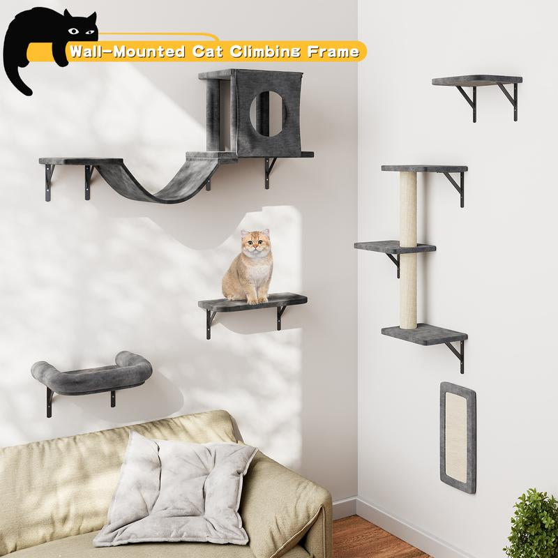 [Dealsforyoudays]Springtok-Cat Wall Shelves, 6 Pcs Luxury Wall-Mounted Cat Climber Set, Indoor Cat Furniture with 1 Cat Condos House, 2 Cat Wall Shelves, 1 Cat Scratching Post, 1 Cat Bridge Ladder