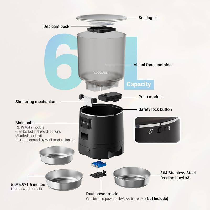 Vacqueen Smart Automatic Cat Feeder for 3 Cats, Strong Anti-Jam System, Dual-Effect Desiccant Cat Food Dispenser, 6L Pet Feeder with 10S Voice Recorder for Cats and Small Dog