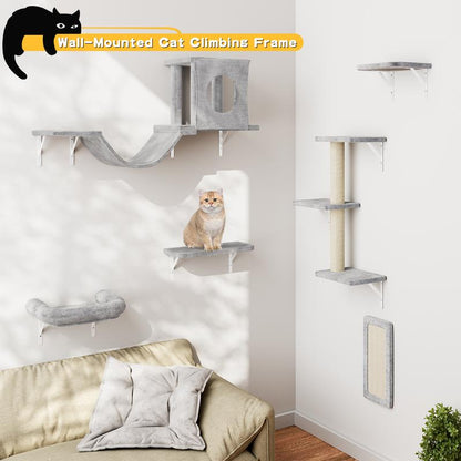 [Dealsforyoudays]Springtok-Cat Wall Shelves, 6 Pcs Luxury Wall-Mounted Cat Climber Set, Indoor Cat Furniture with 1 Cat Condos House, 2 Cat Wall Shelves, 1 Cat Scratching Post, 1 Cat Bridge Ladder