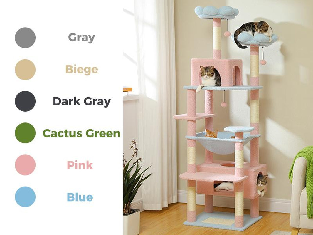 PAWZ Road Large 72 Inches Flower/Cactus Cat Tree and Tower for Indoor Cats - with Sisal-Covered Scratching Posts, Padded Perches, Condos, and Basket（Gray/Dark Gray/Beige）