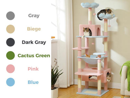 PAWZ Road Large 72 Inches Flower/Cactus Cat Tree and Tower for Indoor Cats - with Sisal-Covered Scratching Posts, Padded Perches, Condos, and Basket（Gray/Dark Gray/Beige）