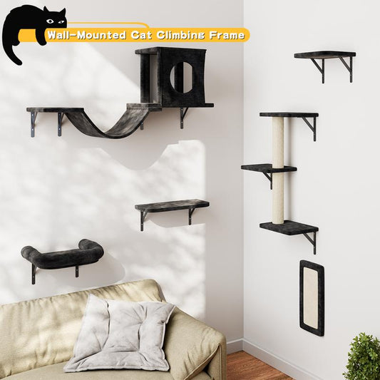 [Dealsforyoudays]Springtok-Cat Wall Shelves, 6 Pcs Luxury Wall-Mounted Cat Climber Set, Indoor Cat Furniture with 1 Cat Condos House, 2 Cat Wall Shelves, 1 Cat Scratching Post, 1 Cat Bridge Ladder