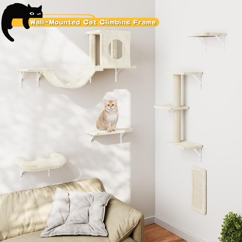 [Dealsforyoudays]Springtok-Cat Wall Shelves, 6 Pcs Luxury Wall-Mounted Cat Climber Set, Indoor Cat Furniture with 1 Cat Condos House, 2 Cat Wall Shelves, 1 Cat Scratching Post, 1 Cat Bridge Ladder