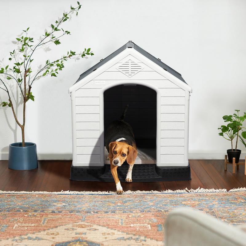 LEMBERI Durable Waterproof Plastic Dog House for Small to Large Sized Dogs, Indoor Outdoor Doghouse Puppy Shelter with Elevated Floor, Easy to Assemble
