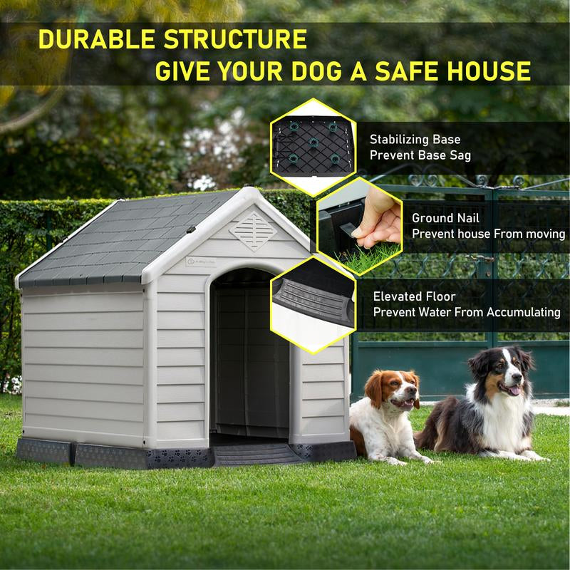 LEMBERI Durable Waterproof Plastic Dog House for Small to Large Sized Dogs, Indoor Outdoor Doghouse Puppy Shelter with Elevated Floor, Easy to Assemble