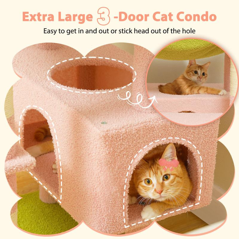 PAWZ Road Large 72 Inches Flower/Cactus Cat Tree and Tower for Indoor Cats - with Sisal-Covered Scratching Posts, Padded Perches, Condos, and Basket（Gray/Dark Gray/Beige）