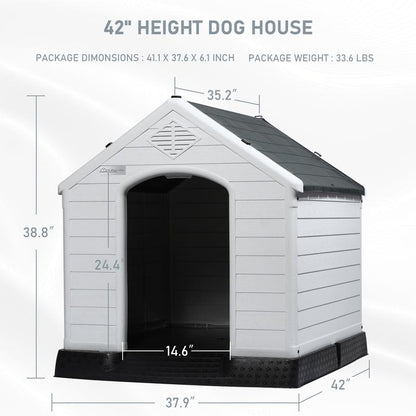 LEMBERI Durable Waterproof Plastic Dog House for Small to Large Sized Dogs, Indoor Outdoor Doghouse Puppy Shelter with Elevated Floor, Easy to Assemble