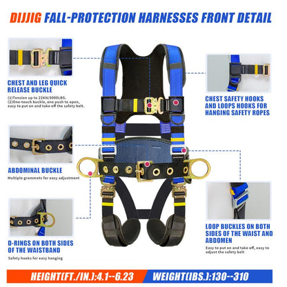Fall Arrest Safety Harnesses Full Body Protection Roofing Harness Construction Harness 5 Point Adjustment Harness Back Padded,Arneses De Seguridad Para Construcción ANSI/ASSP Compliant Alloy Steel Ring Buckle Waist Pressure Relief