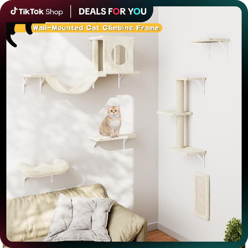 [Dealsforyoudays]Springtok-Cat Wall Shelves, 6 Pcs Luxury Wall-Mounted Cat Climber Set, Indoor Cat Furniture with 1 Cat Condos House, 2 Cat Wall Shelves, 1 Cat Scratching Post, 1 Cat Bridge Ladder