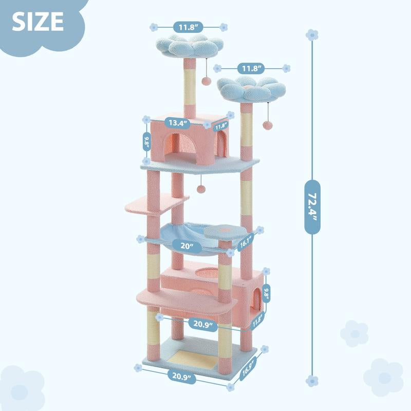 PAWZ Road Large 72 Inches Flower/Cactus Cat Tree and Tower for Indoor Cats - with Sisal-Covered Scratching Posts, Padded Perches, Condos, and Basket（Gray/Dark Gray/Beige）