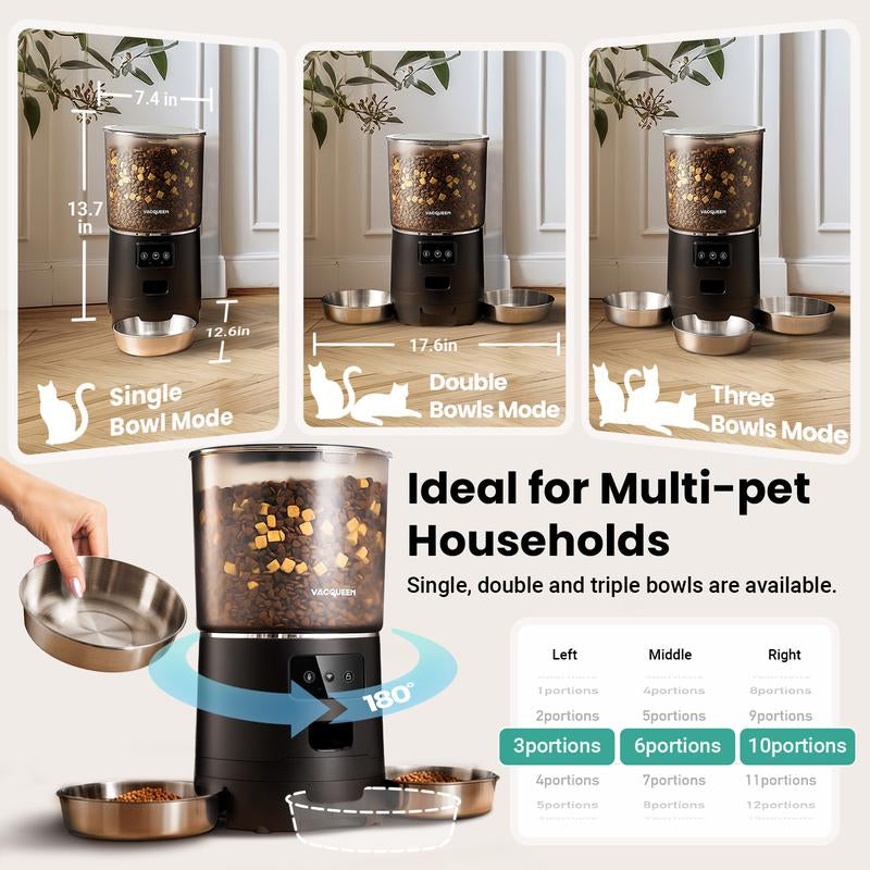 Vacqueen Smart Automatic Cat Feeder for 3 Cats, Strong Anti-Jam System, Dual-Effect Desiccant Cat Food Dispenser, 6L Pet Feeder with 10S Voice Recorder for Cats and Small Dog