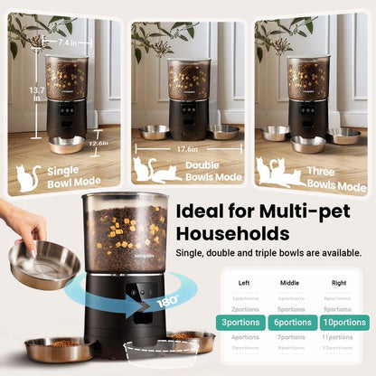 Vacqueen Smart Automatic Cat Feeder for 3 Cats, Strong Anti-Jam System, Dual-Effect Desiccant Cat Food Dispenser, 6L Pet Feeder with 10S Voice Recorder for Cats and Small Dog