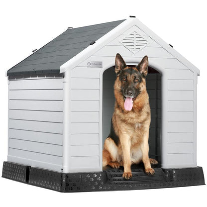LEMBERI Durable Waterproof Plastic Dog House for Small to Large Sized Dogs, Indoor Outdoor Doghouse Puppy Shelter with Elevated Floor, Easy to Assemble