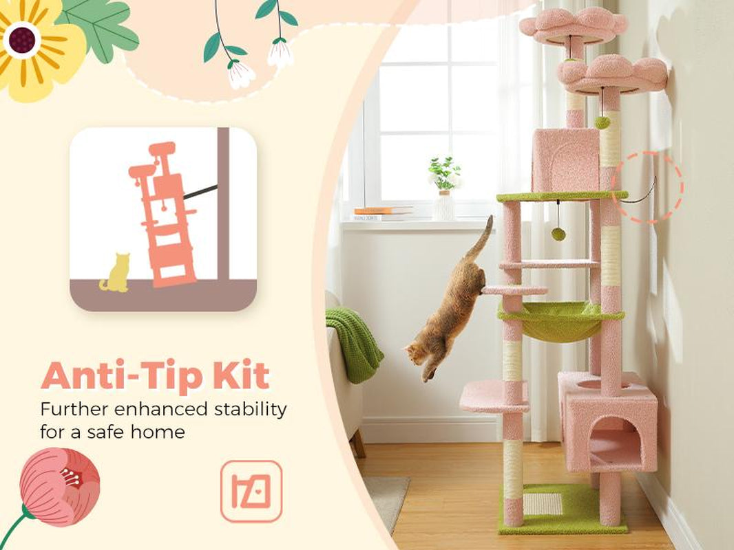 PAWZ Road Large 72 Inches Flower/Cactus Cat Tree and Tower for Indoor Cats - with Sisal-Covered Scratching Posts, Padded Perches, Condos, and Basket（Gray/Dark Gray/Beige）