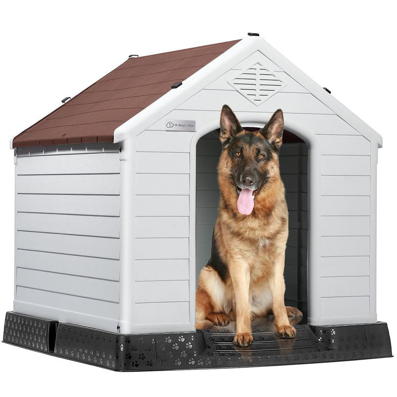LEMBERI Durable Waterproof Plastic Dog House for Small to Large Sized Dogs, Indoor Outdoor Doghouse Puppy Shelter with Elevated Floor, Easy to Assemble