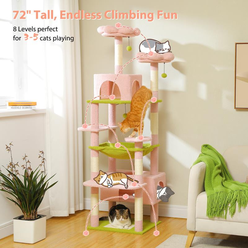 PAWZ Road Large 72 Inches Flower/Cactus Cat Tree and Tower for Indoor Cats - with Sisal-Covered Scratching Posts, Padded Perches, Condos, and Basket（Gray/Dark Gray/Beige）