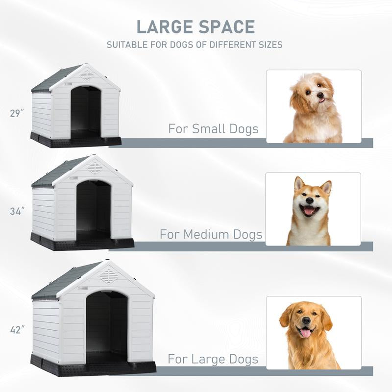 LEMBERI Durable Waterproof Plastic Dog House for Small to Large Sized Dogs, Indoor Outdoor Doghouse Puppy Shelter with Elevated Floor, Easy to Assemble