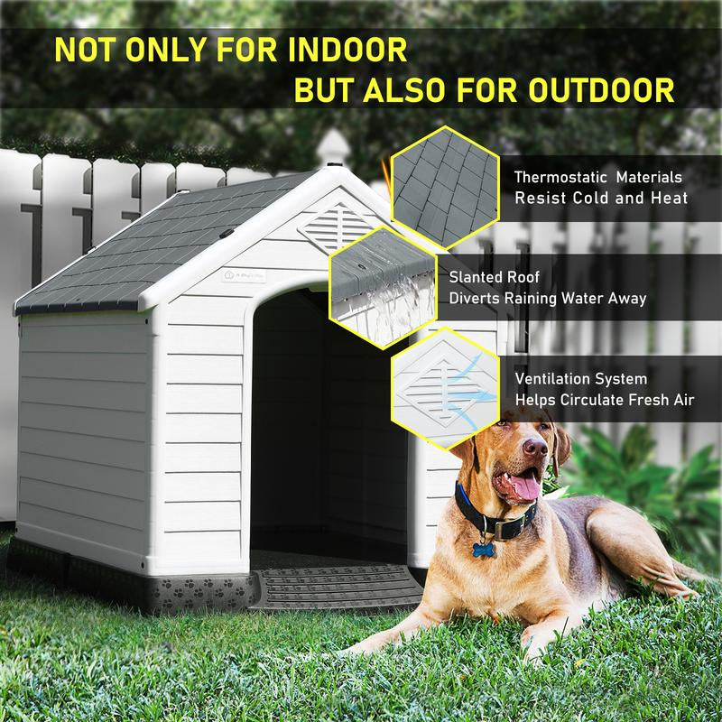 LEMBERI Durable Waterproof Plastic Dog House for Small to Large Sized Dogs, Indoor Outdoor Doghouse Puppy Shelter with Elevated Floor, Easy to Assemble
