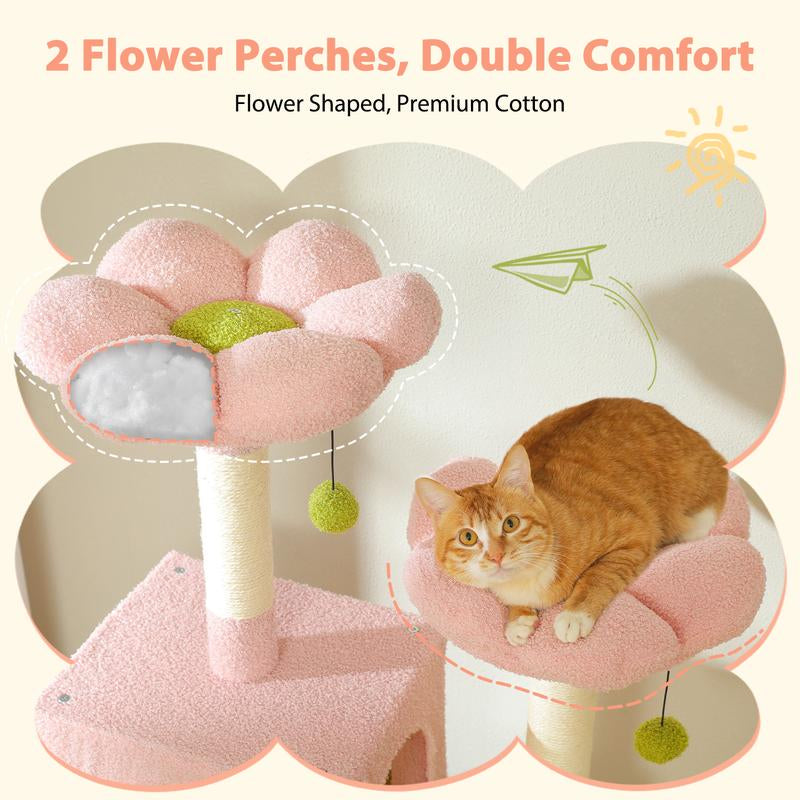 PAWZ Road Large 72 Inches Flower/Cactus Cat Tree and Tower for Indoor Cats - with Sisal-Covered Scratching Posts, Padded Perches, Condos, and Basket（Gray/Dark Gray/Beige）